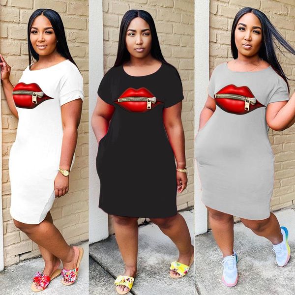 

zipper dress summer casual short sleeve crew neck tshirt dress famale designer clothes women big mouth, Black;gray