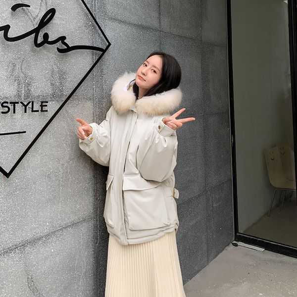 

winter cotton dress women's 2019 new style korean-style mid-length thick students loose-fit cotton-padded clothes large fur coll, Blue;black