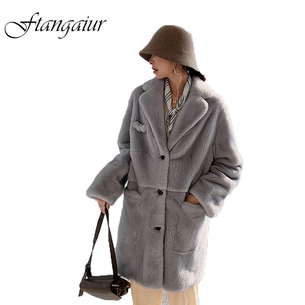 

ftangaiur 2019 winter import velvet coat turn-down collar pockets mink coat women's medium natural real coats, Black