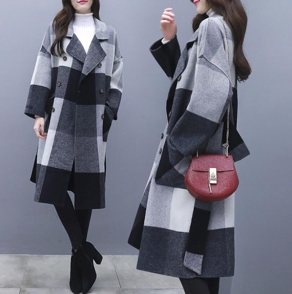 

autumn and winter long lapel double row buckle popular plaid loose belted wool woolen overcoat slim versatile women coat jacket, Black