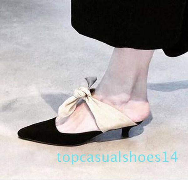 

fashion knot mules kitten heel women shoes slippers butterfly knot wedding party shoes pointed toe slip on slides summer sandals t14, Black