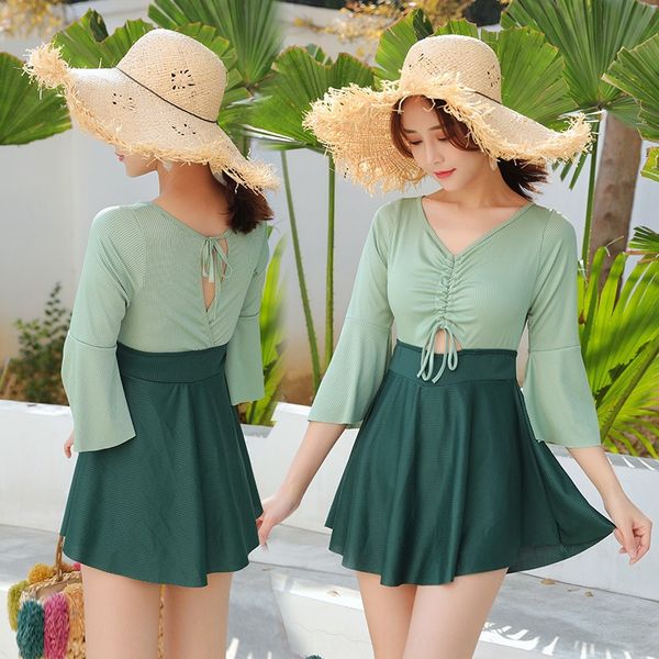 

2020 women's one-piece skirt boxer ins style plain dress swimsuit color slim waist long sleeve swimsuit, White;black