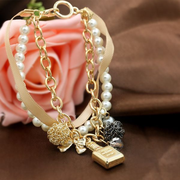 

charm bracelets korean fashion bracelet jewelry pearl ribbon bow crystal girl perfume bottle decoration women, Golden;silver