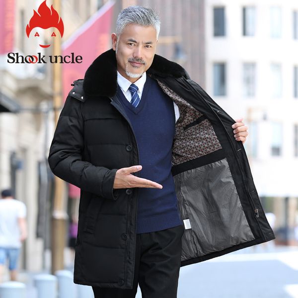 

2019 winter new style middle age men casual warm hooded down coats luxury fur collar thick long down jacket men, Black
