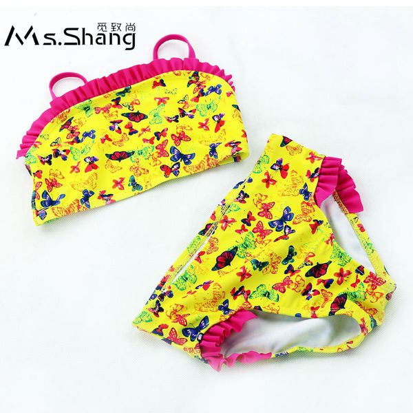 

ms.shang butterfly print girl swim wear two piece childrens swimwear crop baby girl bikini 4-10 years child swimsuit yellow