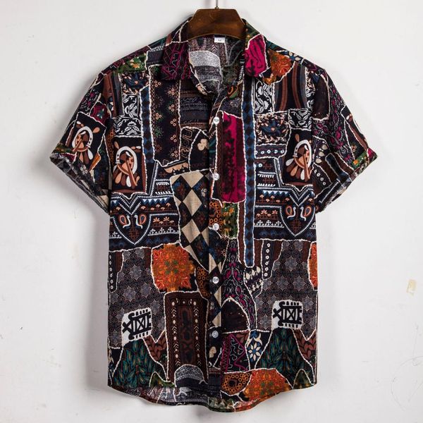 

mjartoria 2019 new fashion summer male national style printed turn down collar short sleeve loose casual shirts, White;black