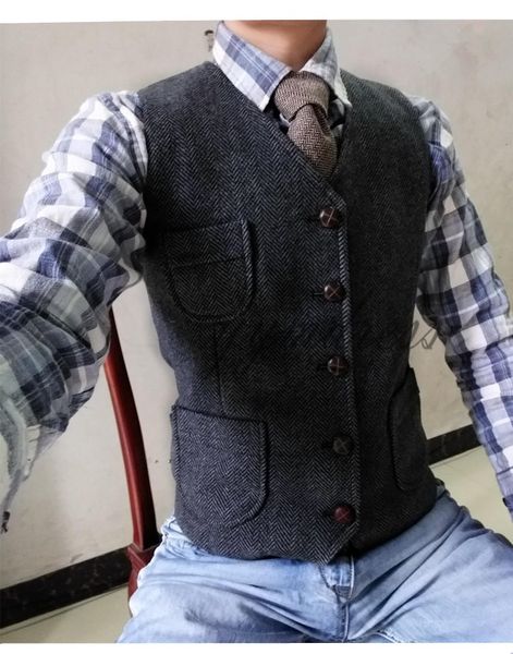 

dark wool tweed vests 2019 slim mens vests custom made single breasted wedding waistcoat pockets herringbone groom vest, Black