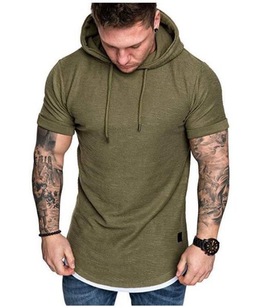 

2019 men solid neck round striped short-sleeved hooded sleeves t-shirt pleated raglan color european and american men clothing pqkal, Black