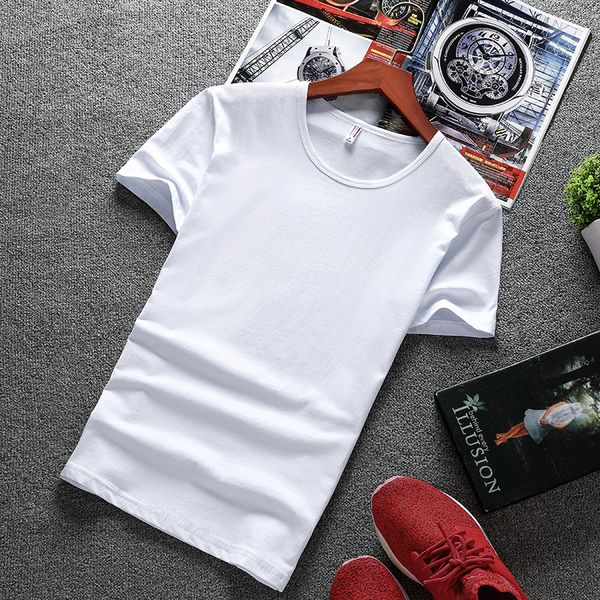 

short sleeve t-shirt men solid white slim fit crew neck summer t-shirt solid color half sleeve elasticity cotton base shirt, White;black