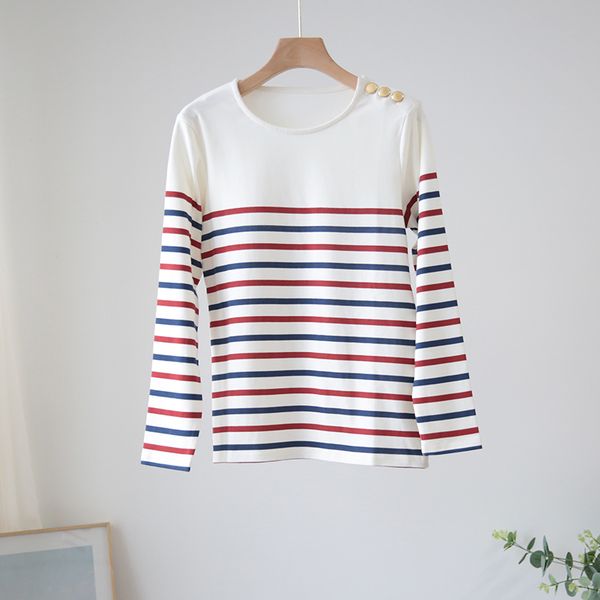

women t-shirt 2019 autumn new retro french temperament striped cotton metal shoulder t-shirt, White