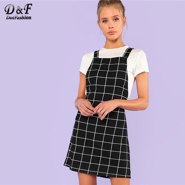 

dotfashion bib pocket front grid pinafore dress 2019 summer sleeveless preppy dress women black straps short straight dress, Black;gray