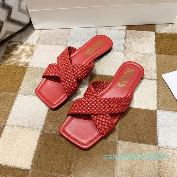 

brand designer women slippers 2020 new europe and america weave flat shoes most popular lady fashion leisure sandals slippers c22, Black