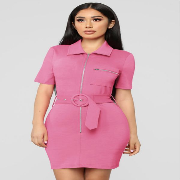 

vadim summer dress 2019 polyester solid sashes regular natural and summer new women's lapel short sleeve bag hip dress, Black;pink