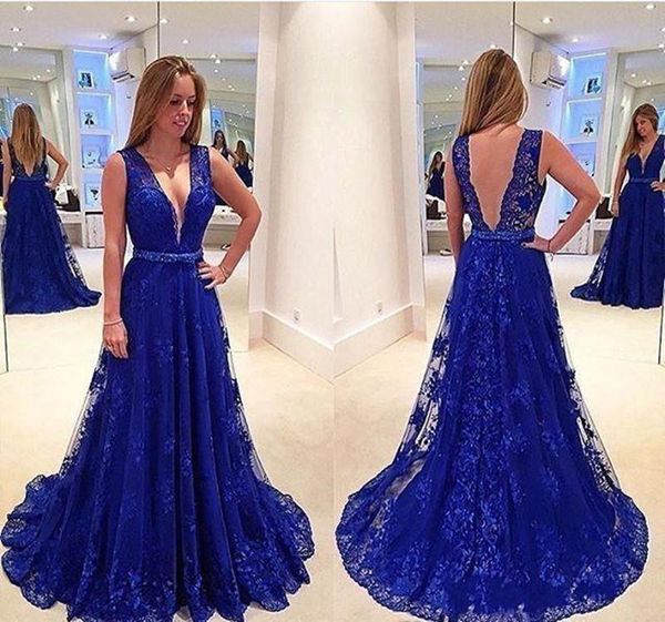 

2020 new deep v-neck evening dresses gowns open back a-line royal blue lace long straps vintage prom dress for women 2018, Black;red