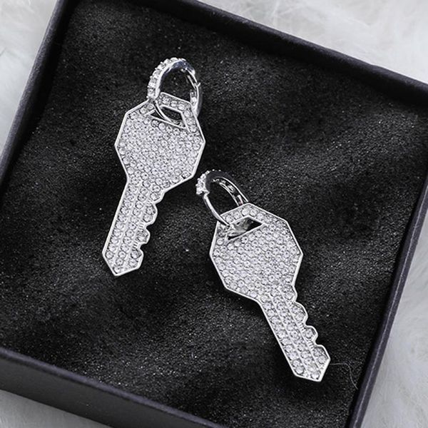 

2019 exaggerated shiny full rhinestone crystal key geometric round circle drop earrings for women party jewelry gift pendientes, Silver