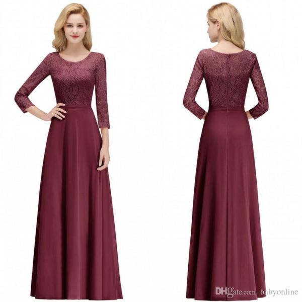 Bescheidene Burgunder-Spitze Kleider für die Brautmutter, Rundhalsausschnitt, lange Ärmel, Abendkleider, Brautjungfernkleid nach Maß bm0056