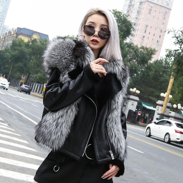

women's genuine sheepskin leather jacket silver fur collar raccoon fur coat winter thick warm real lining s7654, Black