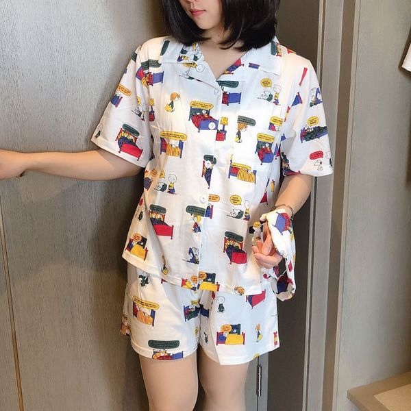 

2019 women pajama set with shorts bangtan kpop cartoon print kawaii pyjamas korean kawaii pijama mujer cotton sleeepwear, Black;red