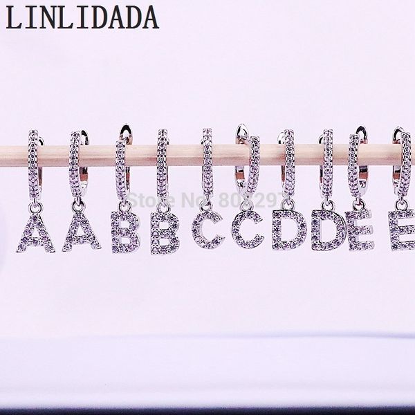 

10pair new arrival trendy silver color micro paved cubic zirconia 26 initial letters charm dangle earrings