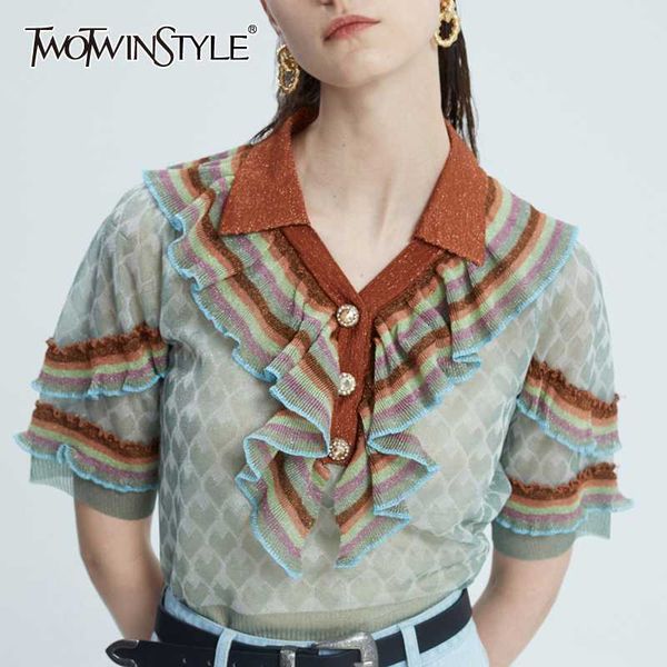 

twotwinstyle casual knitting women sweater lapel collar half sleeve patchwork ruffles hit color sweaters for female fashion tide, White;black