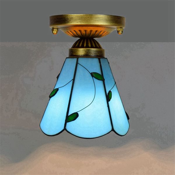 

6 inch tiffany style stained glass ceiling lights hotels bars restaurants small ceiling lamp blue leaf art deco glass light DS063