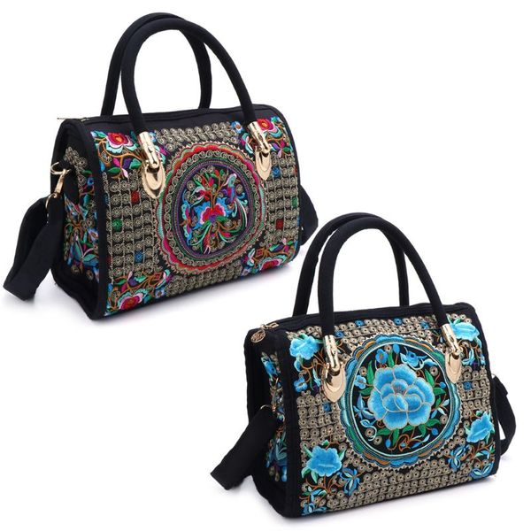 

women floral embroidered handbag ethnic boho canvas shopping tote zipper bag