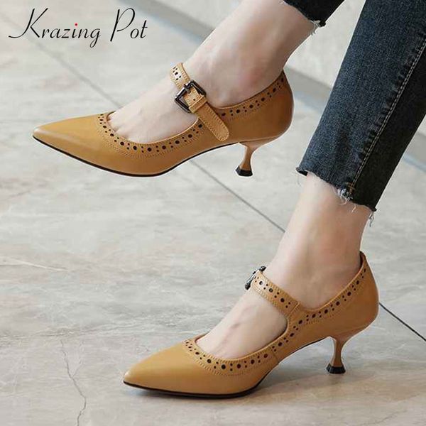 

krazing pot natural leather french romantic carved mary janes shoes pointed toe high heels buckle straps women fashion pumps l55, Black
