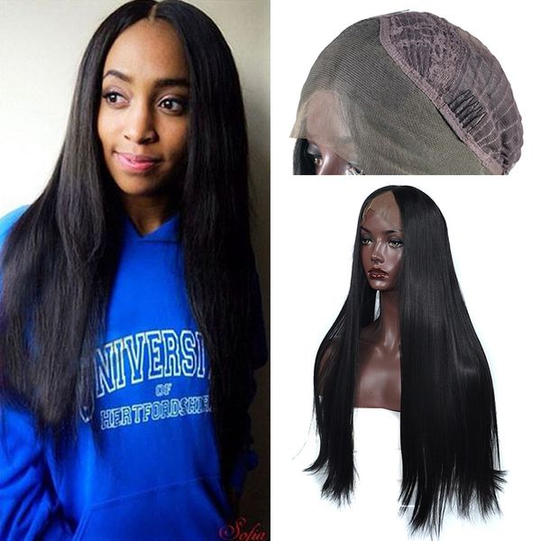 

high temperature synthetic hair long straight synthetic lace front wig glueless heat resistant fiber part middle part wigs lady women, Black