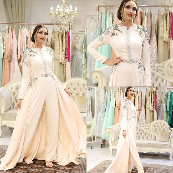 

long sleeve women jumpsuits with detachable train prom dresses beaded appliques elegant evening dress arabic pant suit, Black