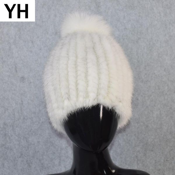 

2019 handmade winter warm women knitting real caps natural real hats genuine big fur ball beanies hat, Blue;gray