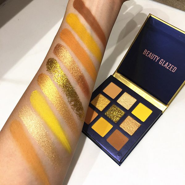 9 colori giallo bellezza trucco smaltato ombretto tavolozza pennelli trucco luccichio pigmentato ombretto tavolozza trucco tavolozza