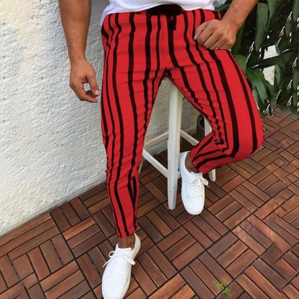 

chic pants men vertical stripes print men's pants drawstring skinny pencil ankle-length men's trousers, Black
