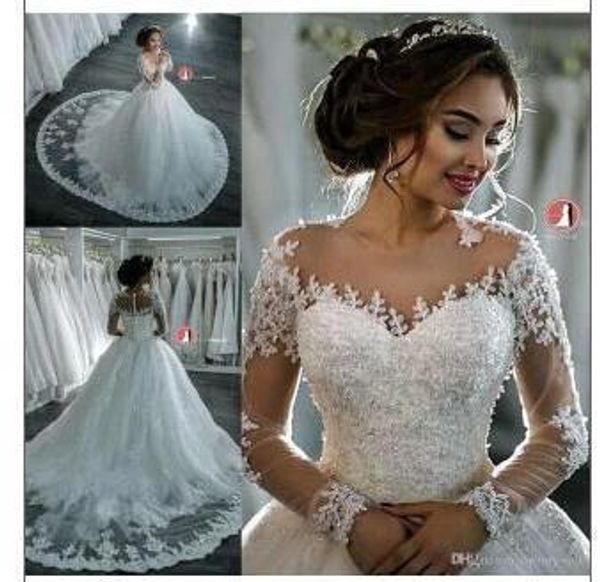

Роскошные Дубай Длинные рукава линия Свадебные платья Sheer Jewel шеи Кружева Аппликации из бисера Vestidos De Novia Свадебные платья Кнопки