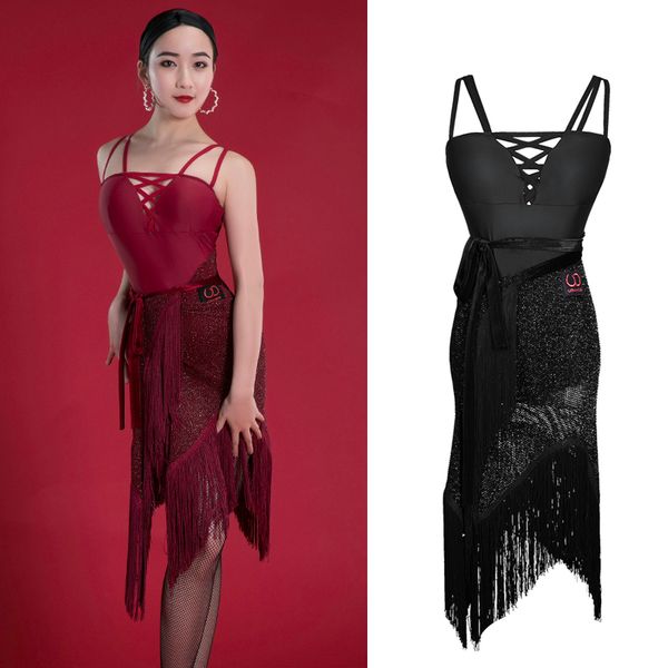 

2019 latin dance dress sling fringe skirt women professional tango rumba cha cha samba dancing dresses adults dancewear, Black;red