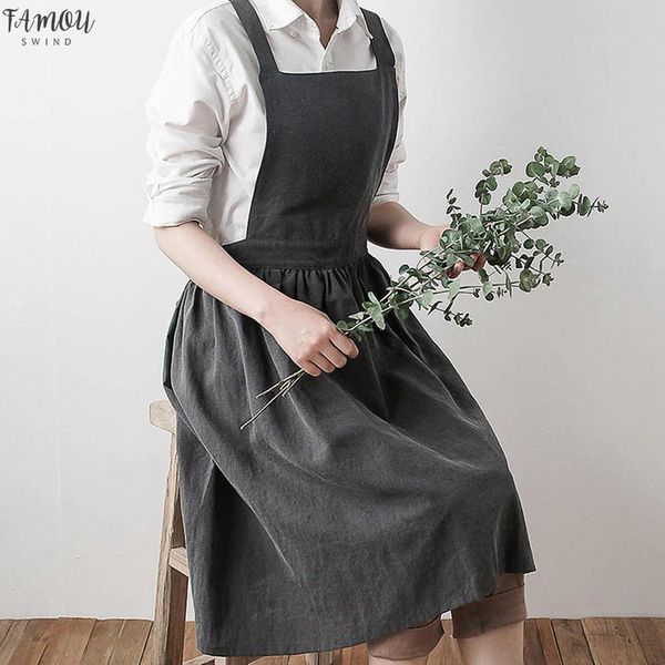 

linen sleeveless home cooking florist cute bib apron pinafore dress women garden work cotton square collar suspender dress, Black;gray