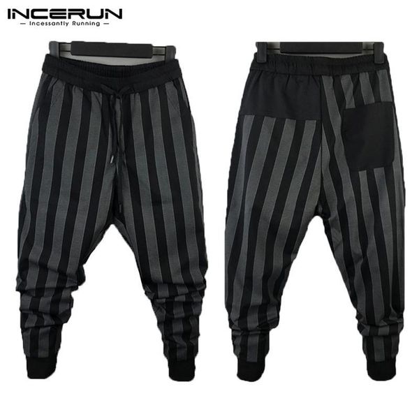

incerun плюс размер повседневные мужские брюки эластичный пояс клетчатая полоса фитнес брюки мужчины уличная бегуны стильные шаровары 2019 y, Black