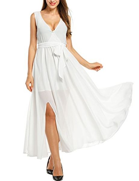 

meaneor chiffon maxi wrap dress women vintage v neck tie-waist split long dress, Black;gray