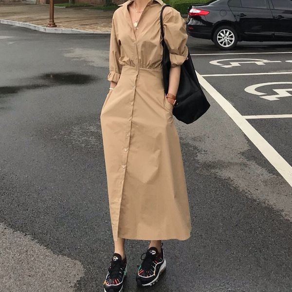 

casual dresses women's dress korean-style solid color cotton ladies lapel single-breasted spring 2021 women clothing v952, Black;gray