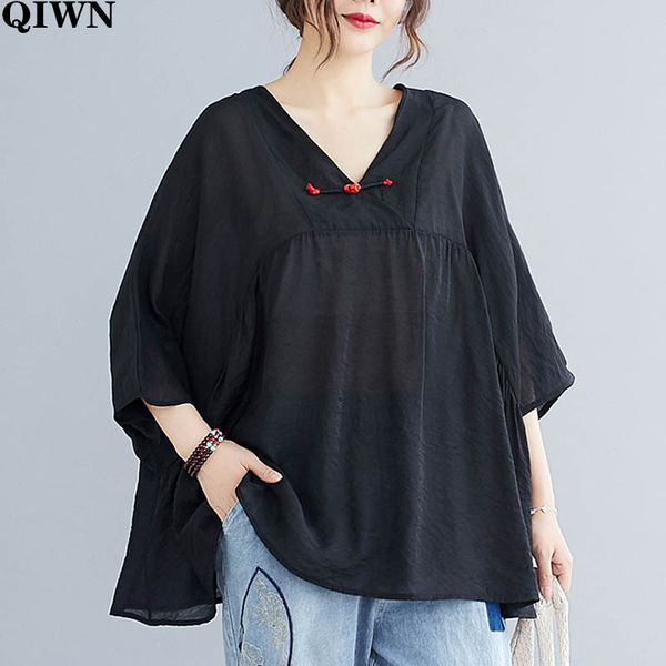 

2020 summer new plus size women blouse shirts vintage batwing sleeve v-neck korean cotton linen female clothing 4xl 5xl 6xl, White