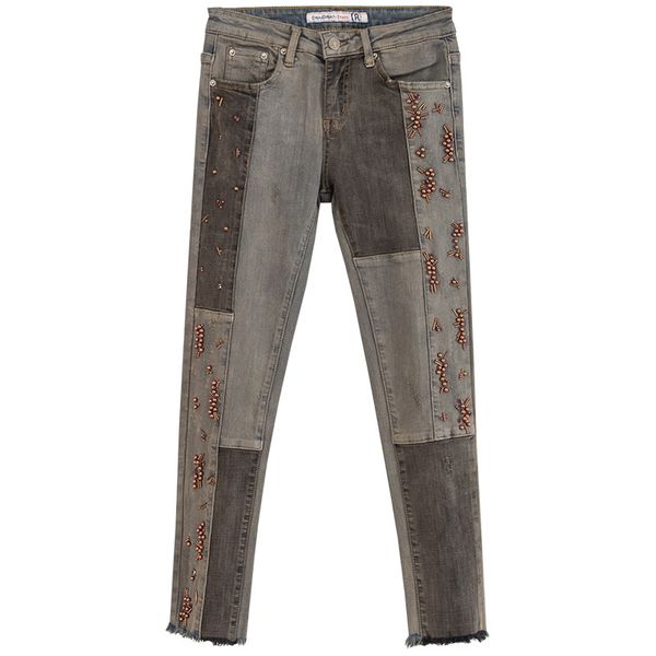 

fall spring vintage womens patchwork beading stretchy skinny pencil pants , slim ankle length denim trousers for woman, Blue