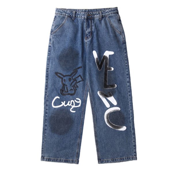 

oversize men jeans denim loose blue straight graffiti print washed biker vintage high street pants hip hop punk outdoor trousers