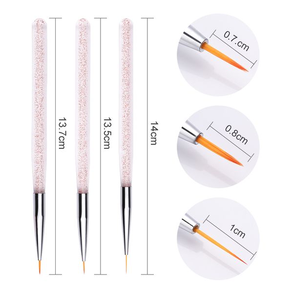 

3 pcs/set nail liner uv gel brush drawing painting pen pink silver acrylic glitter handle manicure nails brush pen, Yellow