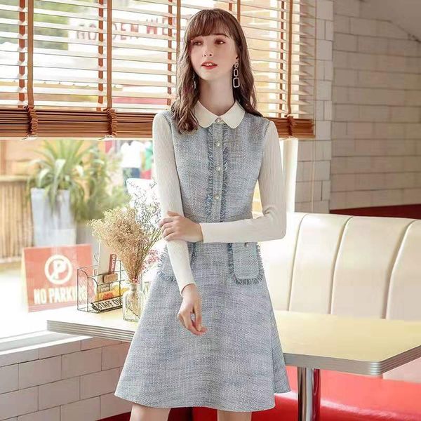 

women autumn winter tweed dress luxury designer sweater tweedy dresses womens kintted sleeve a-line light blue pearl button dress gift s-xl, Black;gray