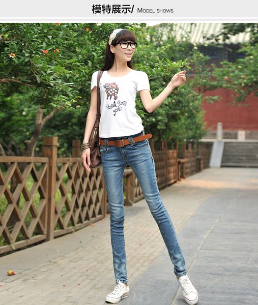

light blue ms light color jeans trousers joker students tight elastic thin foot of cultivate one's morality pants