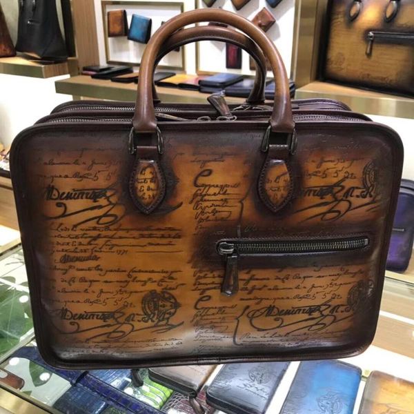 

men's double-layer fashion handmade retro polished briefcase
