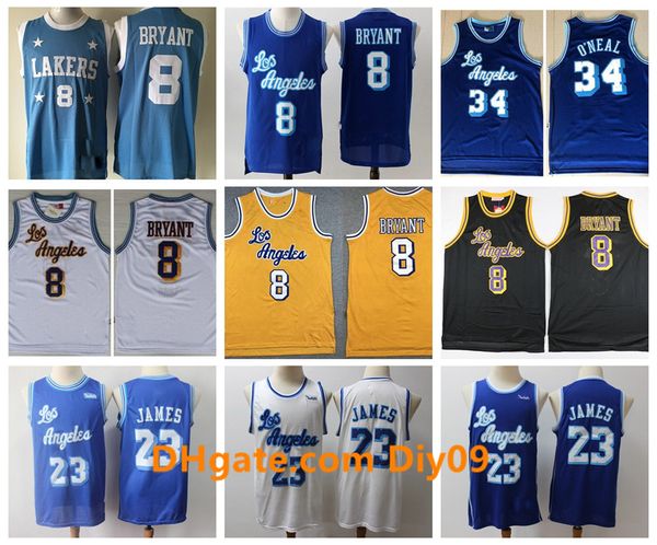 

retro men lebron 23 james blue golden white los angeles lakers jersey 8 bryant shaquille o neal jerry basketball jerseys, Black;red