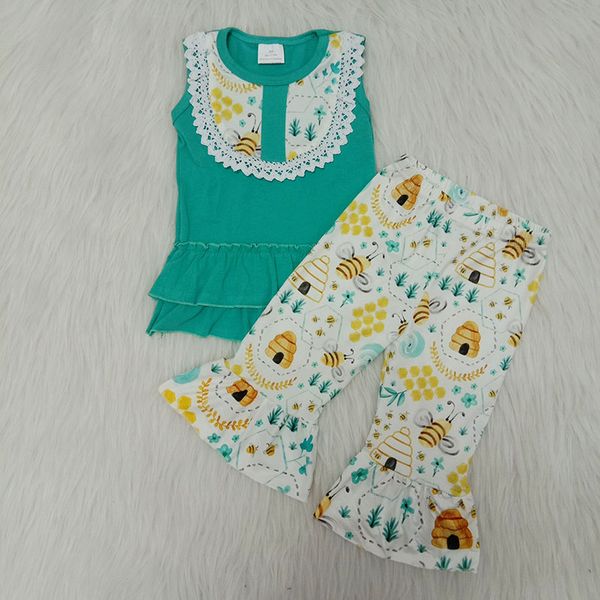 

baby girls clothes set infant sleeveless ruffle + animal bee pants children outfit 2020 spring boutique kids clothing, White