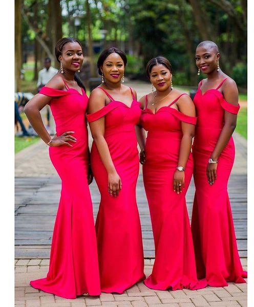 

Country Red Off The Shoulder Bridesmaid Dresses Mermaid Plus Size Satin Maid Of Honor Dresses Wedding Guest Gowns Custom Made 03