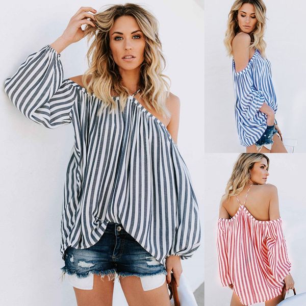 

2020 new women off shoulder blouse designer summer chiffon shirts halter stripe blouses woman long sleeved shirt, White