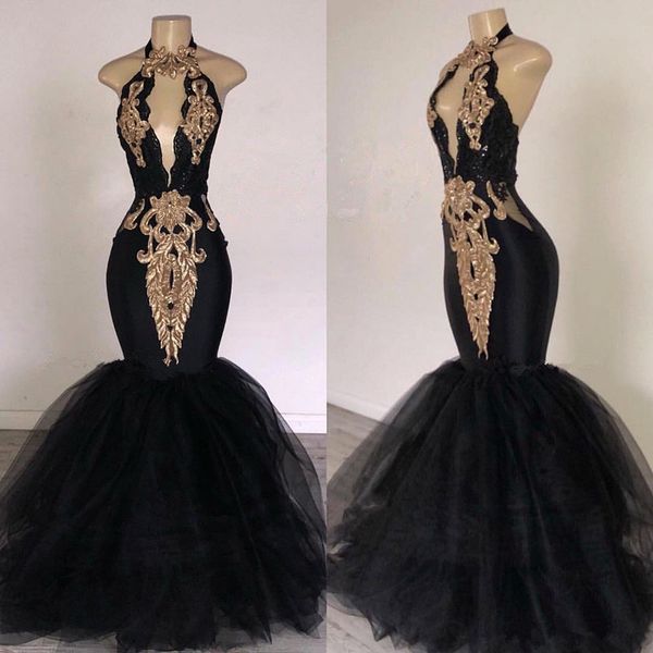 

2019 Sexy Black Halter Тюль Русалка Длинные Платья Выпускного Вечера Замочная Скважина Кружева Аппликация Из Бисера Длина Пола Вечерние Платья